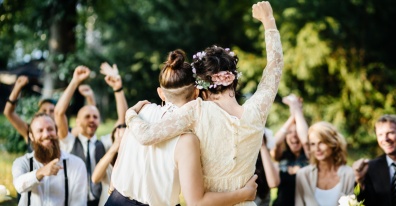 Lesbian couple celebrating their marriage